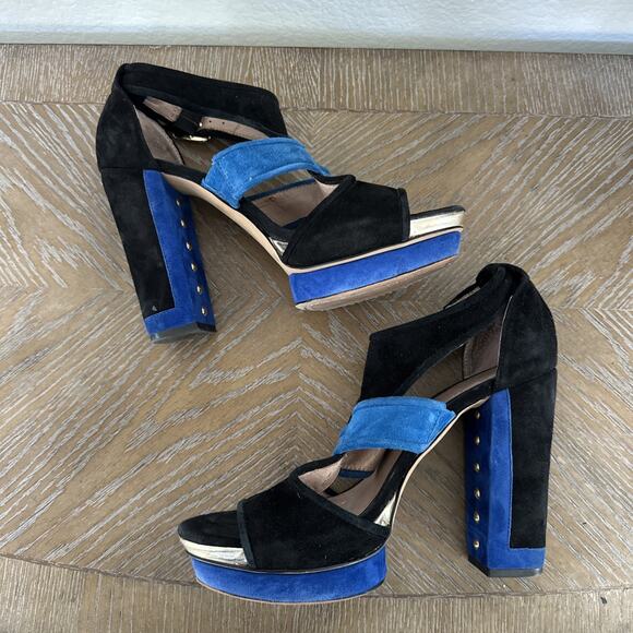 Vince Camuto Color Block Bue Black Suede Platform Sandals Heels Size 8.5 Shoes - Picture 10 of 11